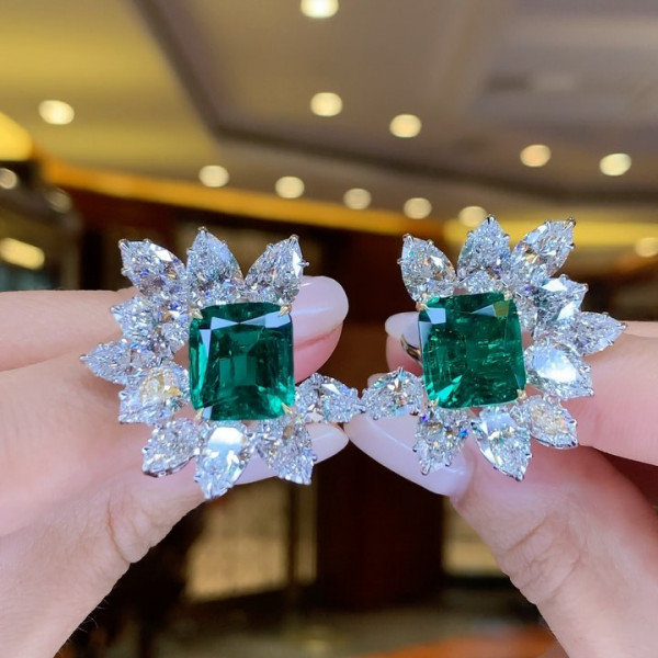 15ctw Asscher Cut Green Sapphire Cluster Stud Earring
