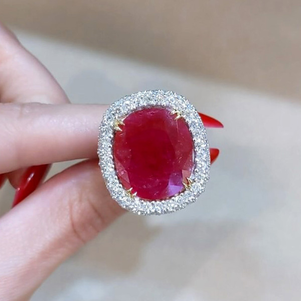 8.2ct Cushion Cut Ruby Paved Halo Cocktail Ring