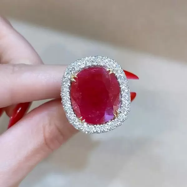 8.2ct Cushion Cut Ruby Paved Halo Cocktail Ring