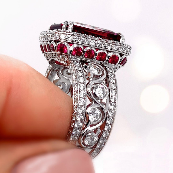 9ct Halo Emerald Cut Synthetic Ruby Engagement Ring