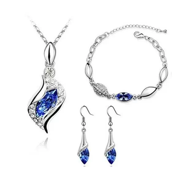 Marquise Cut Blue Crystal Necklace Earrings Bracelets Set in Alloy