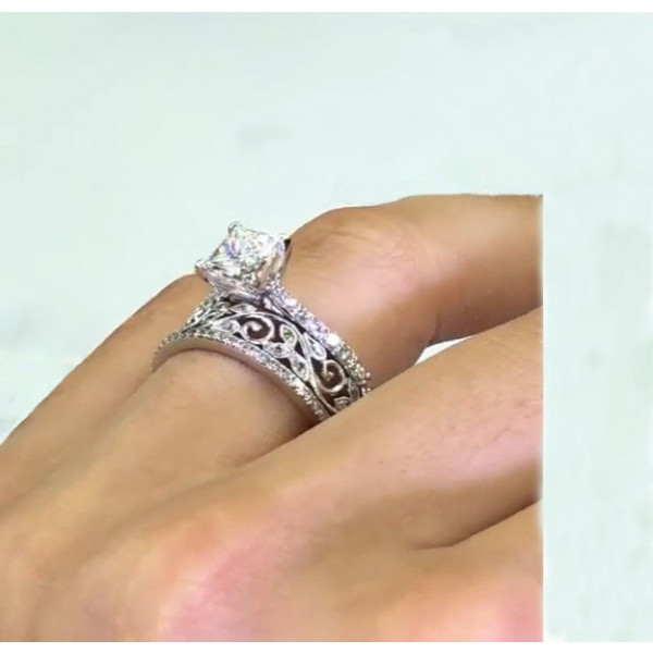 Handmade 0.75ct Princess Cut With Filigreen Band Sterling Silver Ring Set