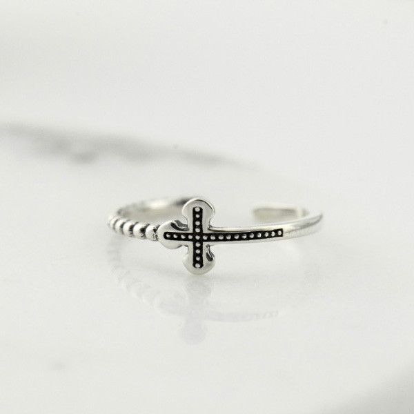 925 Sterling Silver Handmade Bead Cross Adjustable Ring