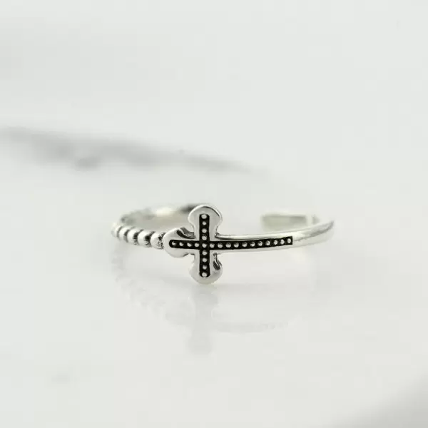 925 Sterling Silver Handmade Bead Cross Adjustable Ring