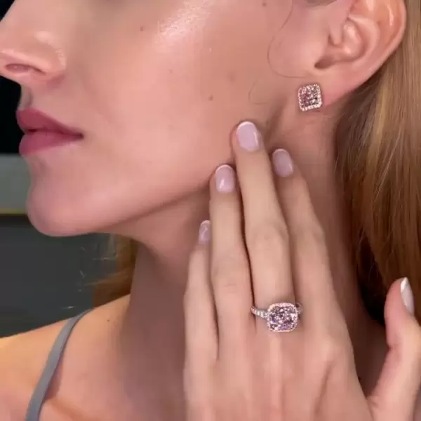Purplish-pink Sapphire Ring with Square-cut Earrings Studs/2pcs