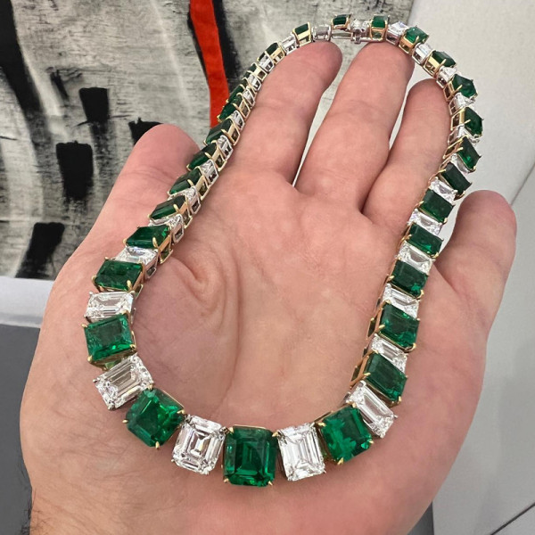 Emerald Cut Emerald&White Sapphire Necklace