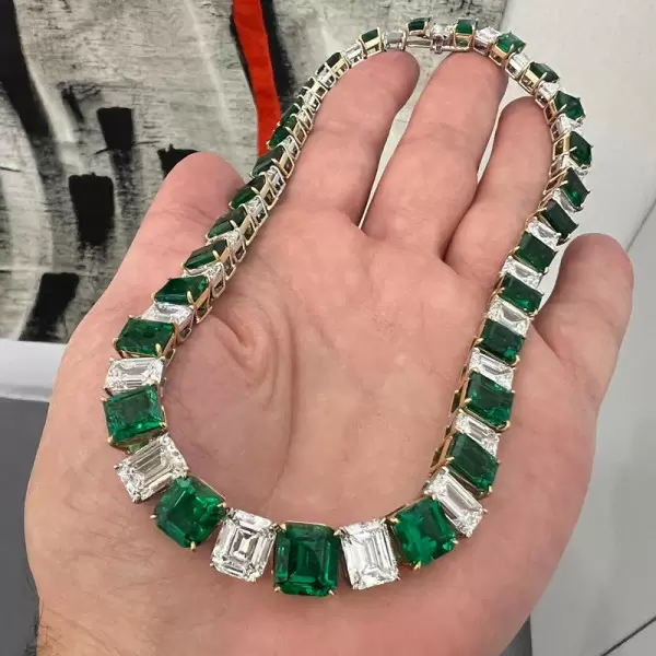 Emerald Cut Emerald&White Sapphire Necklace