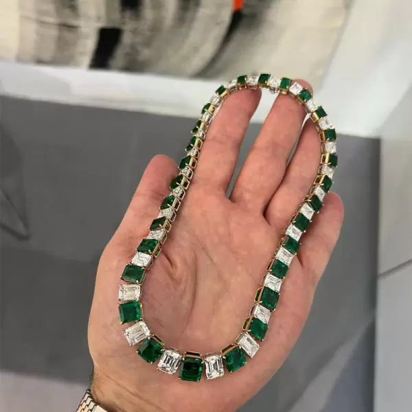 Emerald Cut Emerald&White Sapphire Necklace
