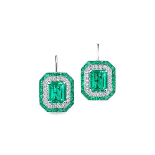  7.95ct Double Halo Colombian Emerald Earrings Drops 