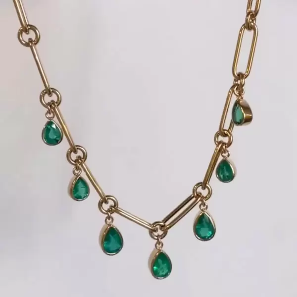 15ctw Pear Cut Emerald Link Chain Station Necklace