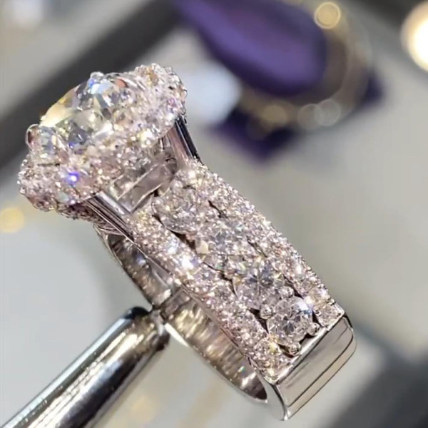 6.8ct Halo Round Cut White Sapphire Side Paved Engagement Ring