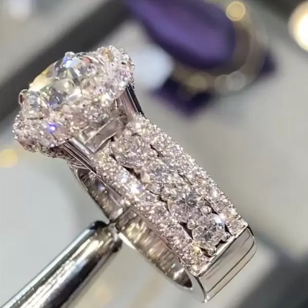 6.8ct Halo Round Cut White Sapphire Side Paved Engagement Ring