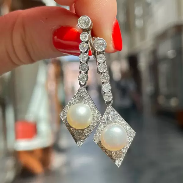 Art-deco Paved White Sapphire and Pearl Drop Earrings