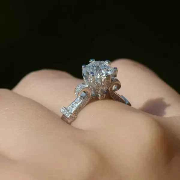 Handmade Round Cut Flower Design Sterling Silver Engagement Ring
