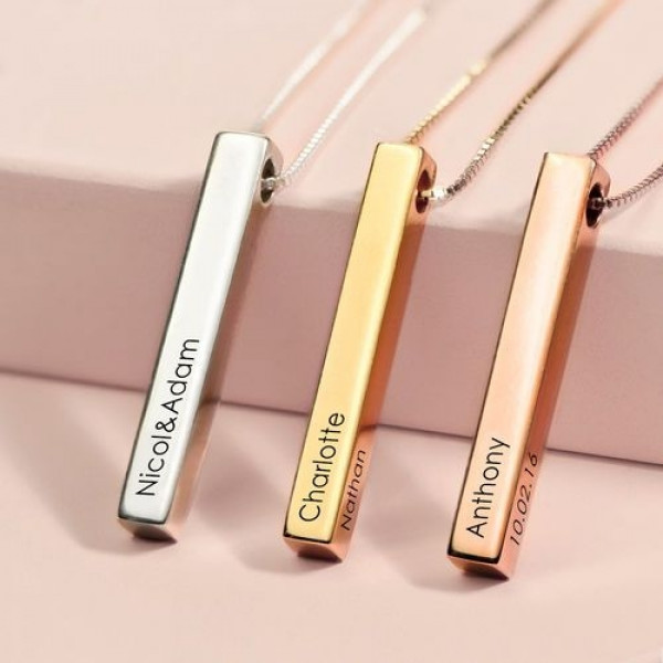 Platinum&Gold&Rose Gold Engraved 3D Bar Sterling Silver Necklace