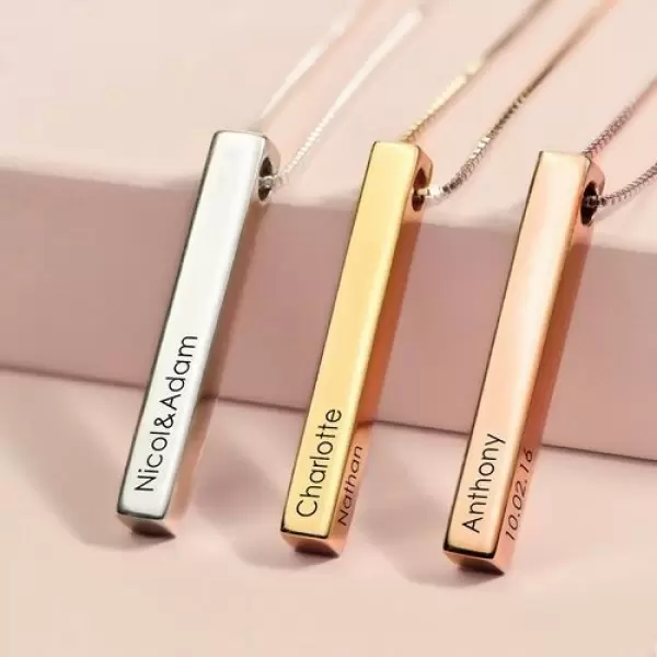 Platinum&Gold&Rose Gold Engraved 3D Bar Sterling Silver Necklace