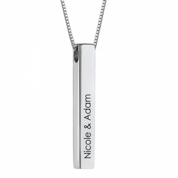 Platinum&Gold&Rose Gold Engraved 3D Bar Sterling Silver Necklace