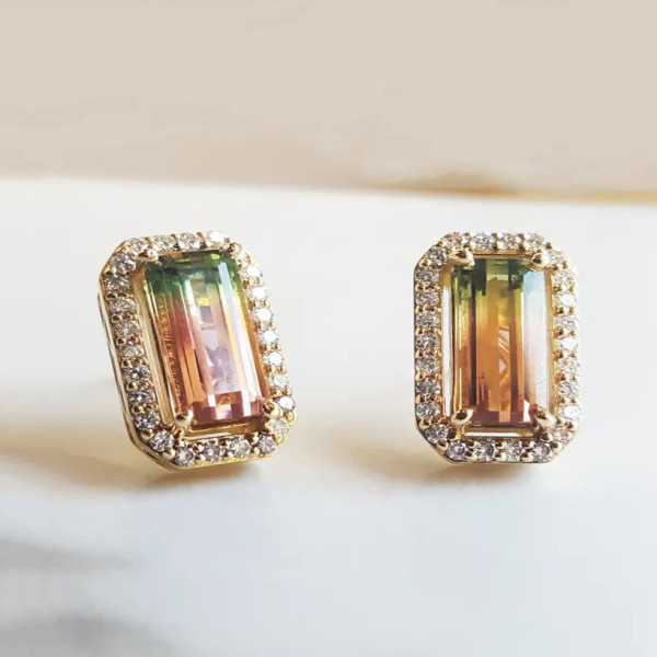 4ctw Halo Bicolor Tourmaline Stud Earrings