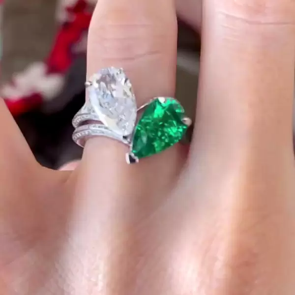 8ctw Pear Cut Emerald & White Sapphire Twin Stone Engagement Ring
