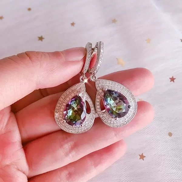 Pear Cut Halo Rainbow Topaz Drop Earrings