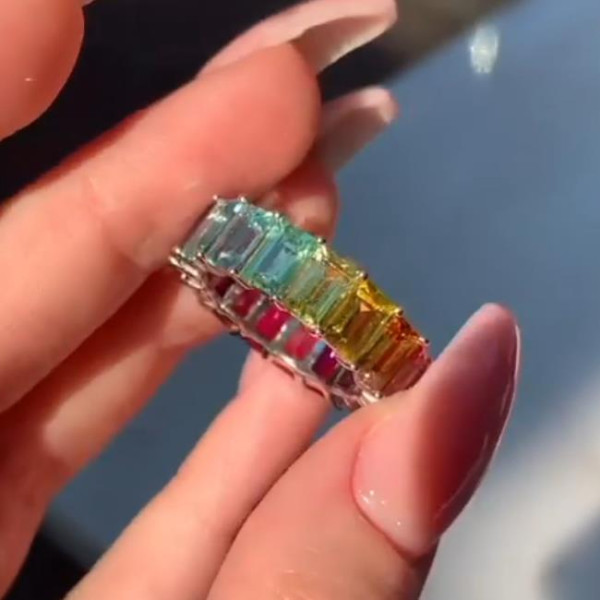 6CTW Baguette Cut Rainbow Sapphire Eternity Ring