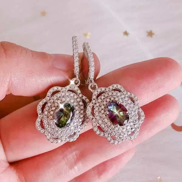 Handmade Curved Halo Rainbow Sapphire Earrings