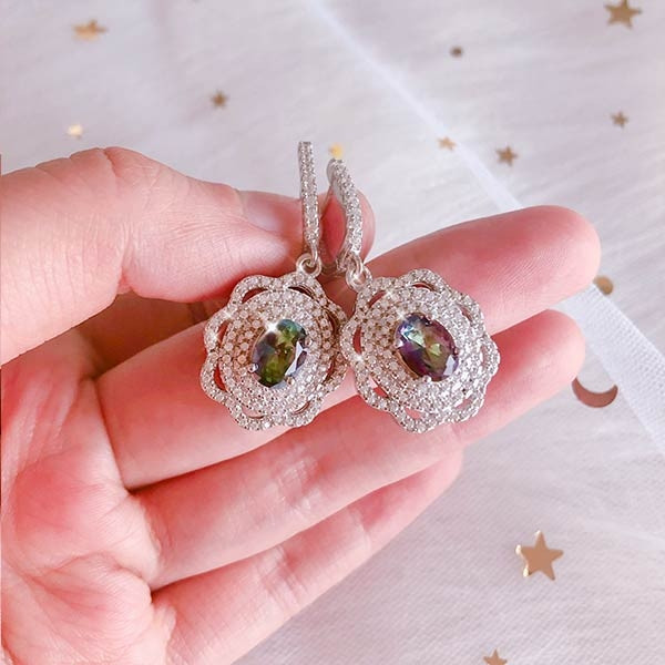 Handmade Curved Halo Rainbow Sapphire Earrings
