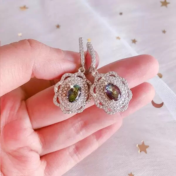 Handmade Curved Halo Rainbow Sapphire Earrings