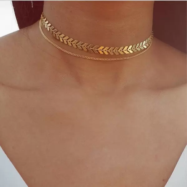 Two Layers Alloy Fishbone Chain Choker Necklace