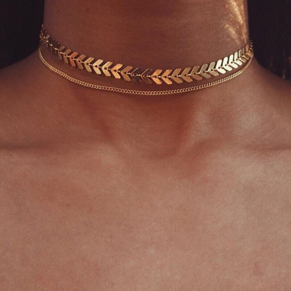 Two Layers Alloy Fishbone Chain Choker Necklace