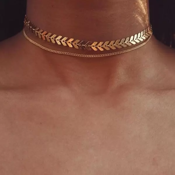 Two Layers Alloy Fishbone Chain Choker Necklace