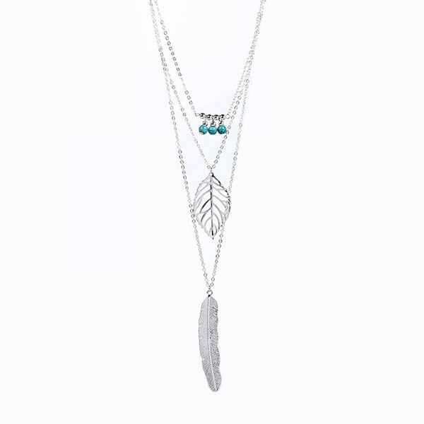 Feather & Leaf Detail Layered Chain Necklace