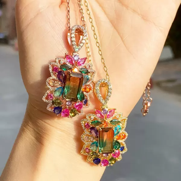 7ctw Emerald Cut Bicolor Tourmaline Garden Pendant Necklace
