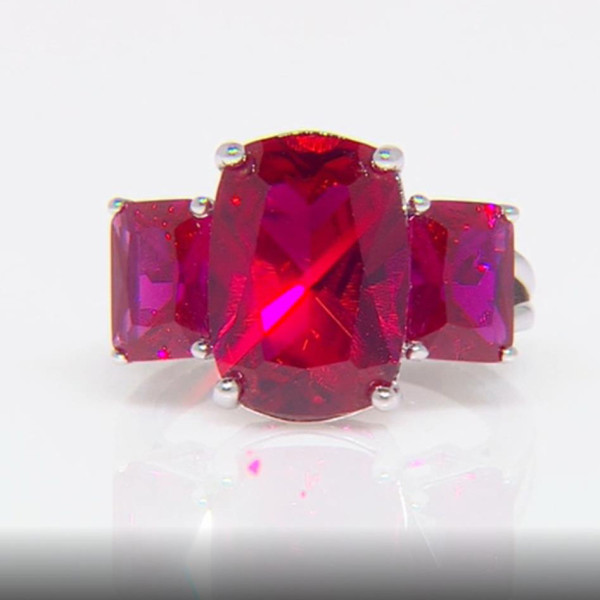 6ct Cushion Cut Ruby Three Stone Engagement Ring