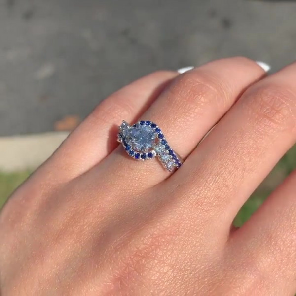 Round Cut White& Sapphire Blue Engagement Ring