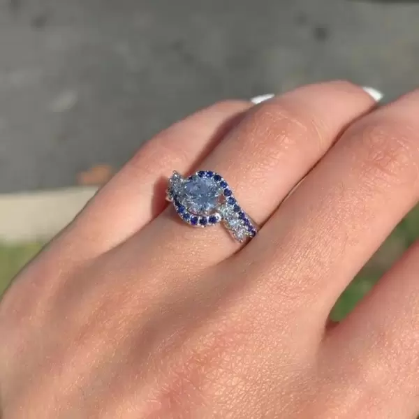 Round Cut White& Sapphire Blue Engagement Ring