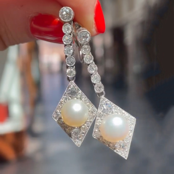 Art-deco Paved White Sapphire and Pearl Drop Earrings