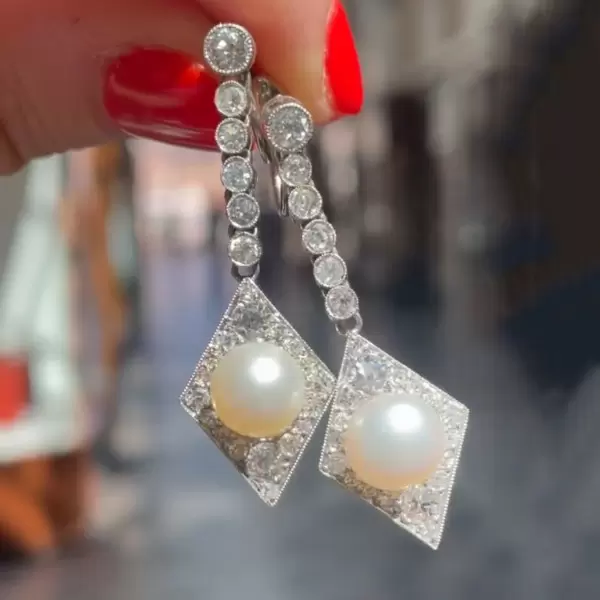 Art-deco Paved White Sapphire and Pearl Drop Earrings