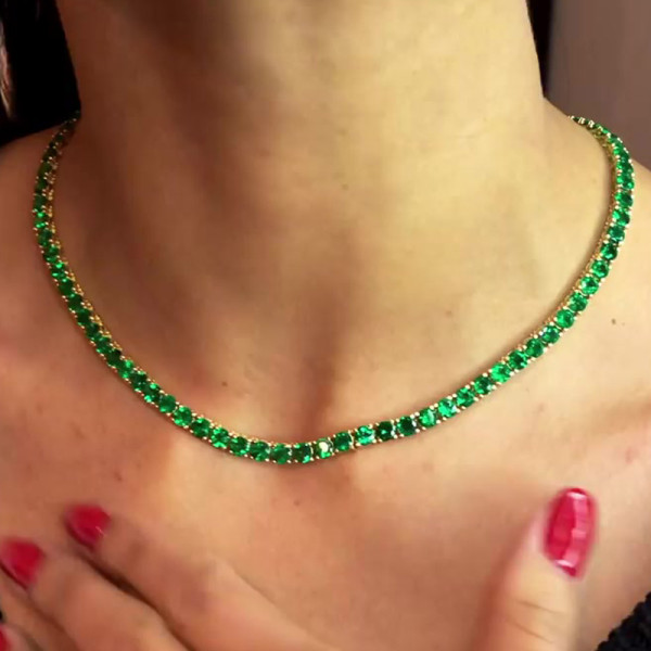 80ctw Round Cut Emerald Tennis Necklace in Gold
