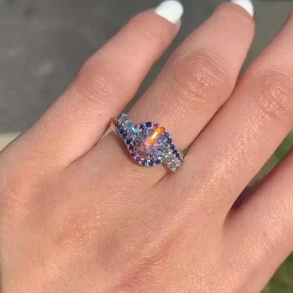 Round Cut White& Sapphire Blue Engagement Ring