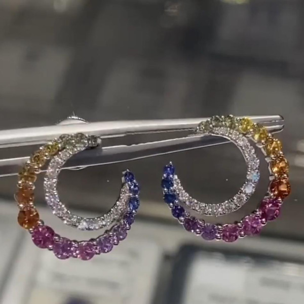 Rainbow Sapphire Crescent Moon Statement Earrings