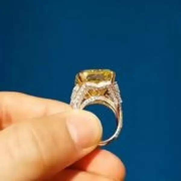 5.50 CTW Cushion Cut Fancy Yellow Lab Created Gemstone With Diamonds Engagement Ring in Sterling Silver