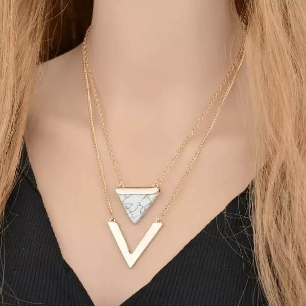 Double Layers Triangle Turquoise & Letter V Pendant Necklace
