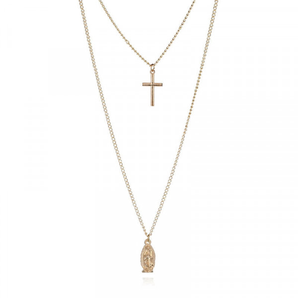 Women's Double Layered Cross & Pendant Necklace