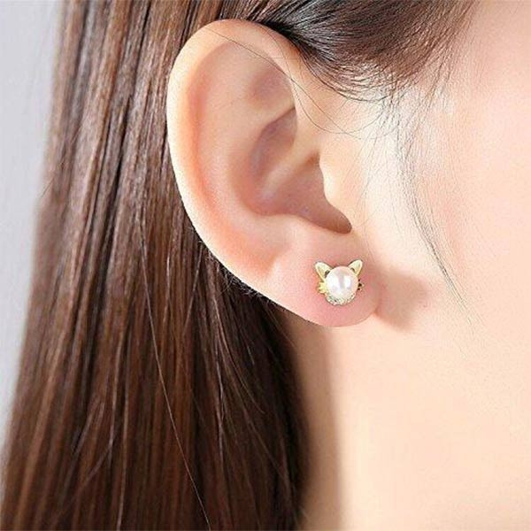 Kitten Design Cultured Pearl Alloy Stud Earrings