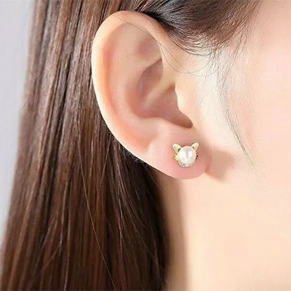 Kitten Design Cultured Pearl Alloy Stud Earrings