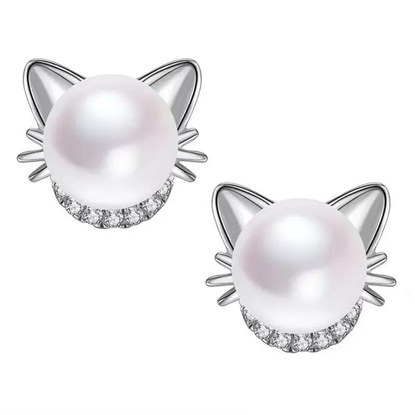 Kitten Design Cultured Pearl Alloy Stud Earrings