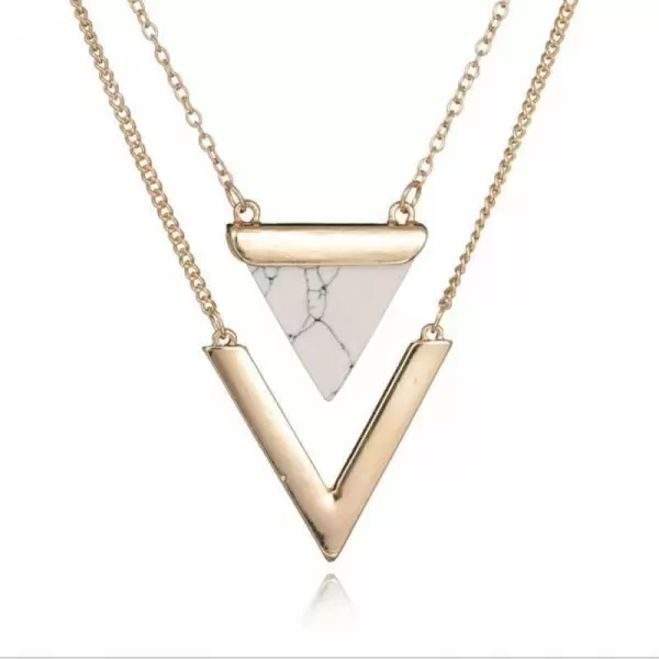 Double Layers Triangle Turquoise & Letter V Pendant Necklace