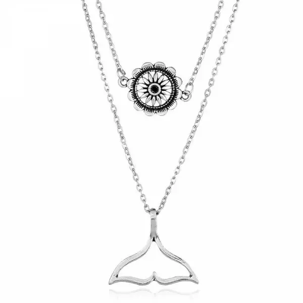 Double Layered Sunflower And Whale Tail Pendant Choker Necklace 