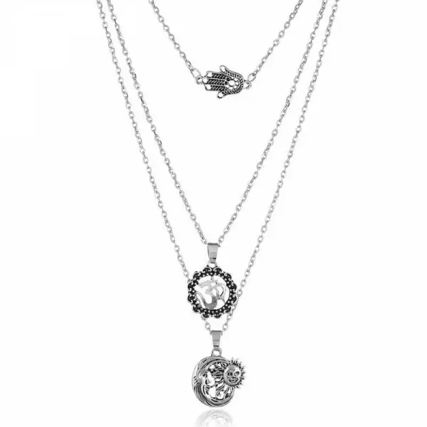 Sun & Moon & Hand Pendant  Layered Necklace